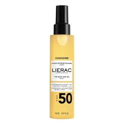 Frasco de óleo solar corporal Lierac amarelo com tampa preta e rótulo com texto