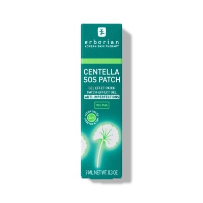 Embalagem de produto Centella SOS Patch verde e azul com texto e ilustração de folhas