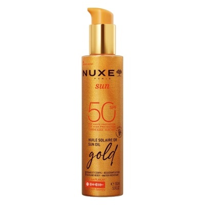 Frasco de óleo solar dourado NUXE Sun com proteção SPF 50
