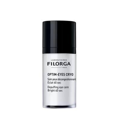 Frasco cosmético branco e preto com texto LABORATOIRES FILORGA PARIS OPTIM-EYES CRYO