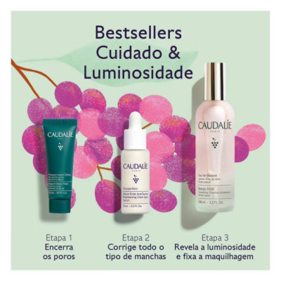 Três produtos Caudalie para cuidados de pele sobre fundo claro com uvas roxas e texto de instruções em português.
