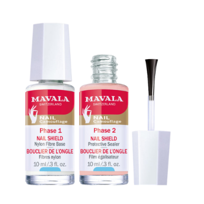 Frascos de verniz Mavala Nail Camouflage Phase 1 e Phase 2 com pincel separado