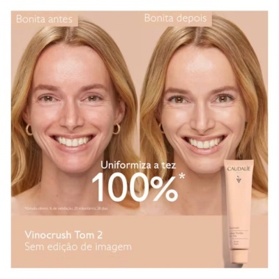 Antes e depois da aplicação do creme Caudalie Vinocrush Tom 2, mostrando uniformização da tez facial.