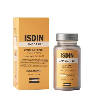 Embalagem e frasco de suplemento ISDIN LambdapiL fortificante em fundo branco