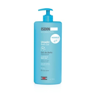 Frasco azul de gel de banho hidratante ISDIN Ureadin Bath Gel com doseador.