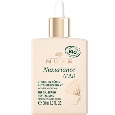 Frasco bege claro com conta-gotas branco e dourado NUXE Nuxuriance GOLD óleo-sérum 30 ml
