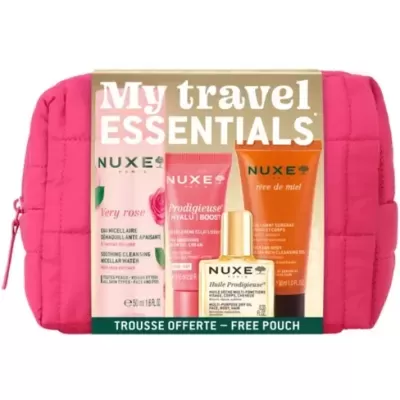 Conjunto viagem NUXE com necessaire rosa e 4 produtos de cuidados de pele