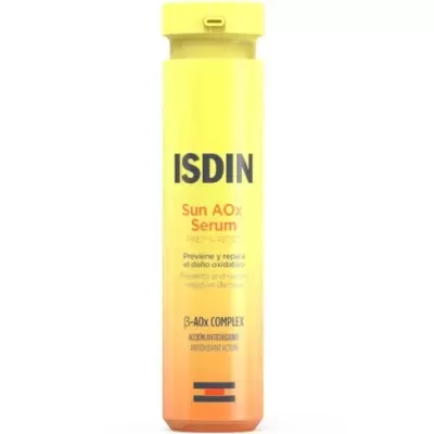Frasco amarelo-orangado do ISDIN Sun AOx Serum com texto em várias cores