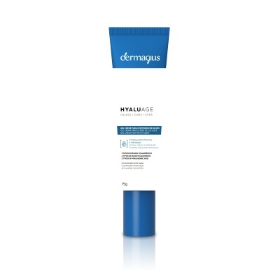 Embalagem de creme branco e azul Dermaglus HYALUAGE olhos e lábios