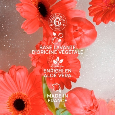 Flores vermelhas com texto branco de marca e descrição do produto sobre fundo brilhante