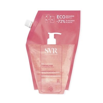 Refil de gel lavante SVR Topialyse rosa com texto branco