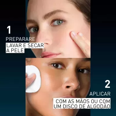 Instruções de cuidados faciais com texto sobre preparar a pele e aplicar produto com as mãos ou disco de algodão.