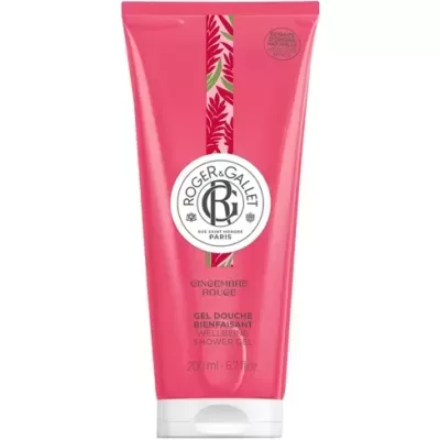 Gel de duche Roger&Gallet Gingembre Rouge num tubo rosa com detalhes florais