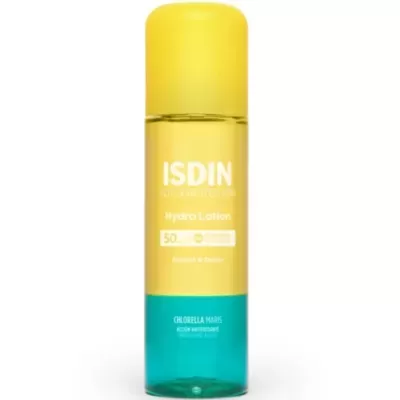 Frasco cilíndrico amarelo e azul-turquesa do produto ISDIN Hydro Lotion SPF 50