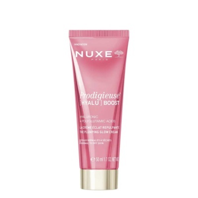 Bisnaga rosa de creme NUXE Prodigieuse [HYALU] BOOST com texto branco e tampa dourada