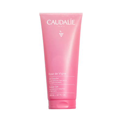 Gel de banho CAUDALÍE rosa com texto em branco, 200 ml