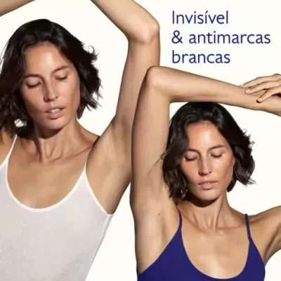 Duas mulheres de cabelo castanho curto vestem tops branco e azul escuro com axilas expostas e texto promocional ao lado