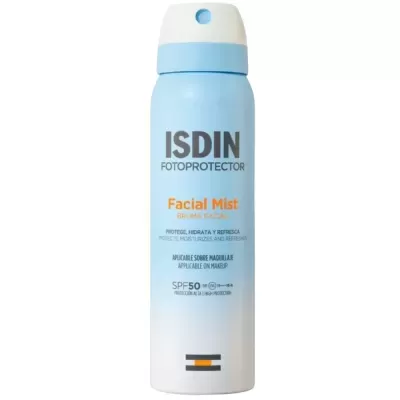 Frasco spray protector solar facial ISDIN azul e branco