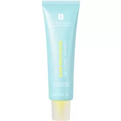 Tubo de creme hidratante azul claro com tampa amarela e texto branco e amarelo