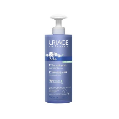 Frasco azul de água de limpeza para bebé Uriage com doseador branco