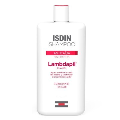 Frasco branco de shampoo ISDIN Lambdapil anticaída com texto em espanhol