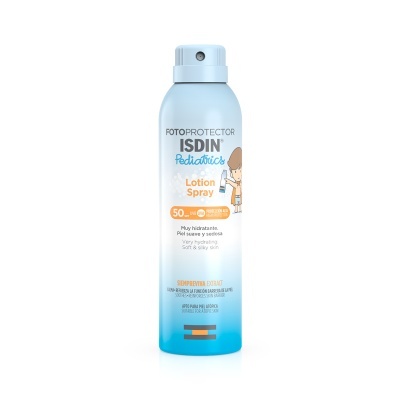 Frasco spray protetor solar infantil ISDIN FPS 50 azul e branco