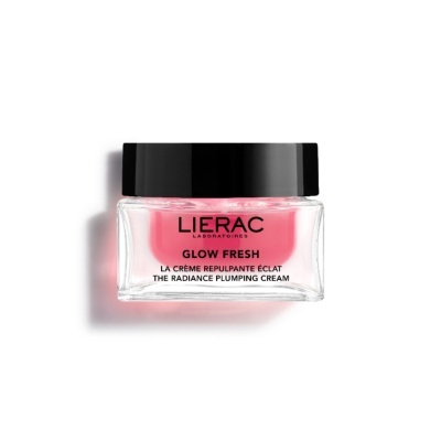 Frasco de creme rosa com tampa preta e texto LIERAC GLOW FRESH