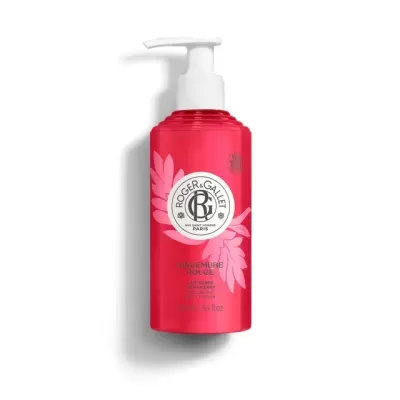 Frasco vermelho com doseador branco de loção corporal Roger & Gallet