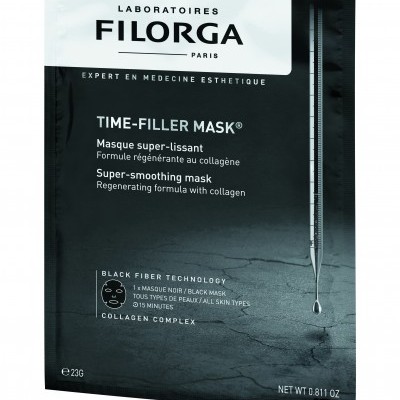 Máscara facial preta Filorga TIME-FILLER MASK com texto em branco
