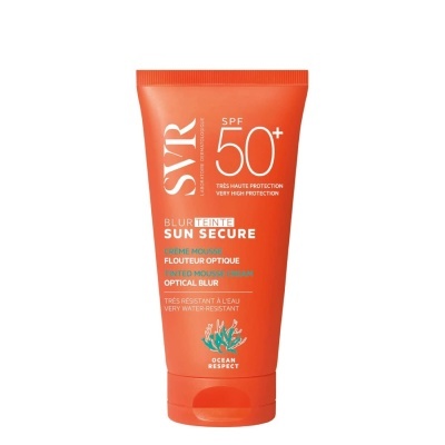 Bisnaga laranja de protetor solar SVR SPF 50+, texto branco e laranja, resistente à água