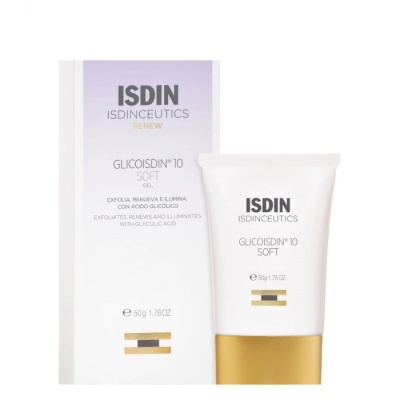 Gel esfoliante ISDIN GLICOISDIN 10 SOFT, embalagem branca com tampa dourada.