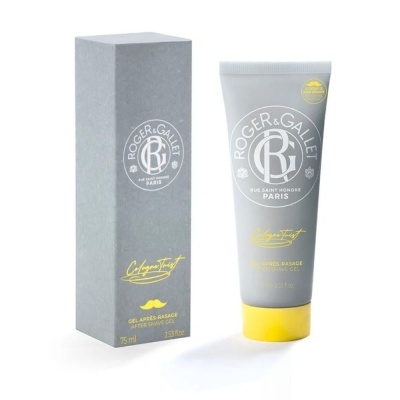 Gel pós-barba Roger & Gallet em tubo cinza com tampa amarela ao lado da caixa cinza com texto amarelo.