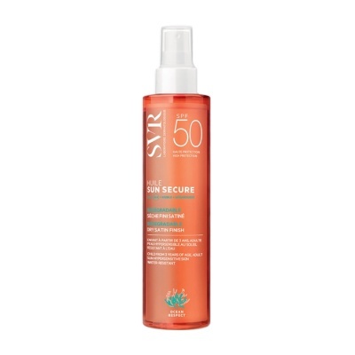 Frasco spray de protetor solar SVR SPF 50 laranja com tampa branca