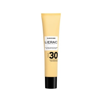Frasco de creme Lierac Sunissime SPF 30 amarelo com tampa preta