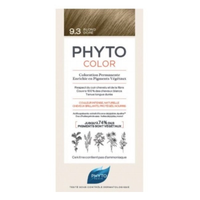 Embalagem de tinta para cabelo PHYTCO COLOR cor 9.3 BLOND DORÉ com texto em francês e gráfico de plantas