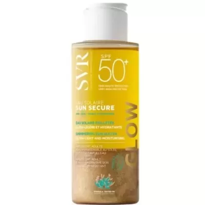 Frasco de proteção solar SVR SPF 50+ amarelo com partículas brilhantes e tampa branca