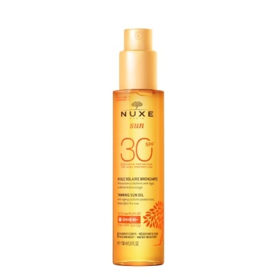 Frasco spray laranja do óleo bronzeador NUXE sun SPF 30