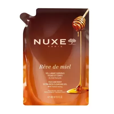 Embalagem flexível castanho e laranja de gel de limpeza NUXE com mel francês, 400 ml