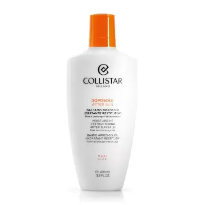 Frasco branco com tampa laranja de loção após sol Collistar Doposole