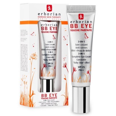 Tubo de BB Eye Erborian Touche Parfaite com embalagem branca e texto vermelho e laranja
