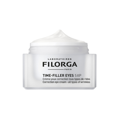 Frasco de creme para olhos da marca Filorga com tampa transparente e creme visível