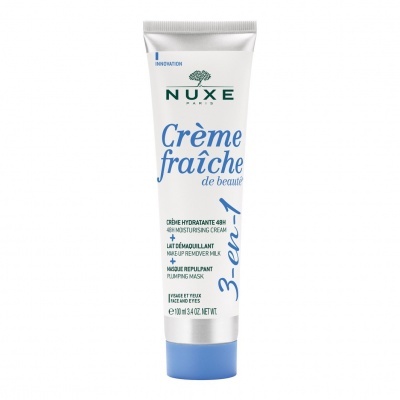 tubo branco e azul de creme NUXE Crème fraîche de beauté 3-em-1
