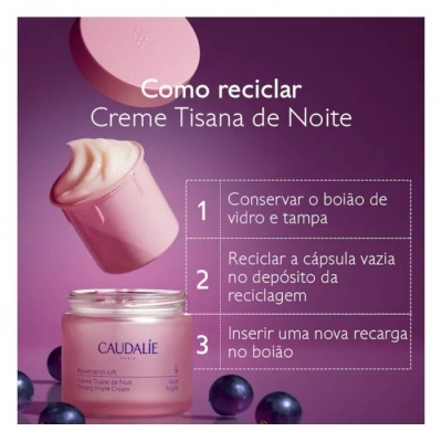 Frasco de creme de noite CAUDALIE rosa com tampa e instruções de reciclagem em fundo roxo