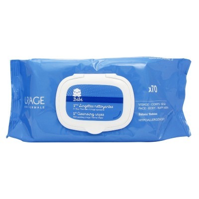 Pacote azul de toalhetes húmidos Uriage Bébé com tampa branca