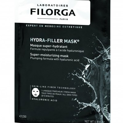 embalagem de máscara facial FILORGA HYDRA-FILLER preta e branca com texto e gráfico de água