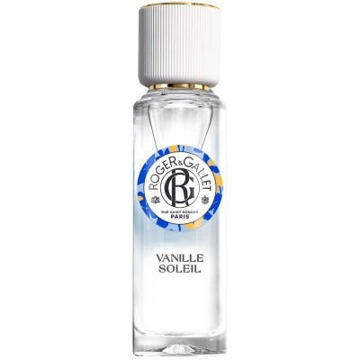 Frasco de perfume Roger&Gallet Vanille Soleil com tampa branca e detalhes dourados