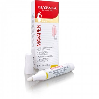 Produto Mavapen Mavala para cutículas com embalagem branca e vermelha e caneta aplicadora branca.