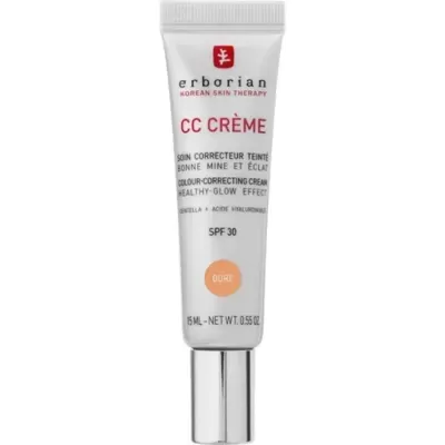 Tubo branco de creme Erborian CC Crème com texto em vermelho e preto e tampa prateada