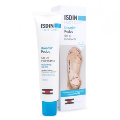 Gel óleo hidratante ISDIN Foot Care Ureadin Podos em tubo branco com tampa azul ao lado da caixa