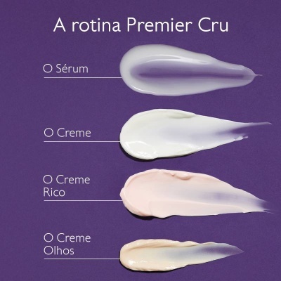 Texturas de creme em fundo roxo com legendas de tipos de produtos